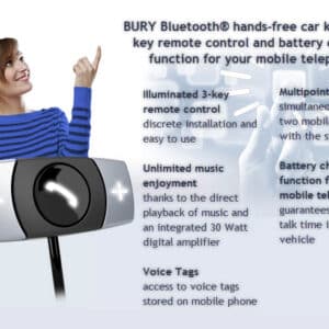 BURY Bluetooth® hands-free car kit with 3-key remote control and battery charging function for your mobile telephone (CC9048)